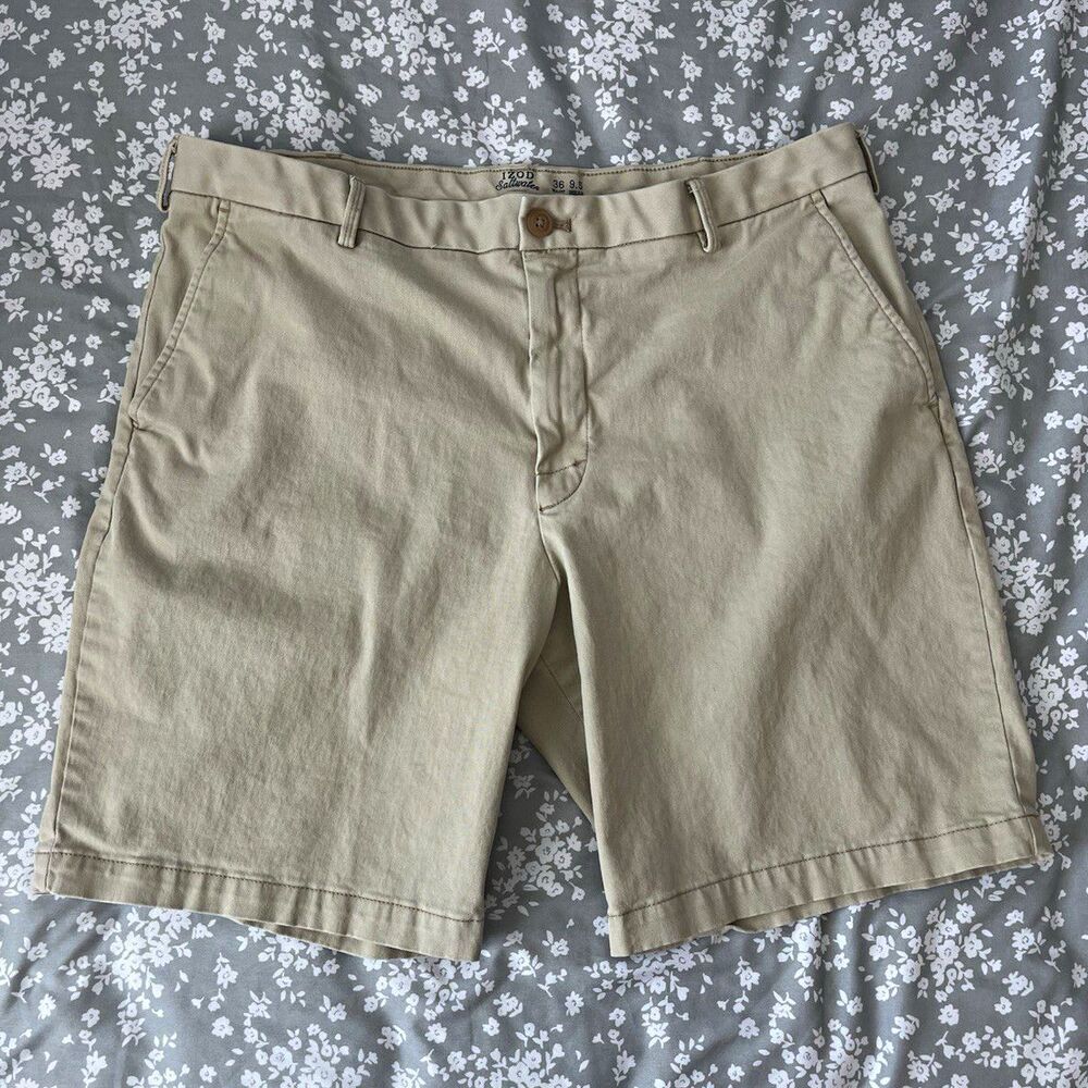IZOD Saltwater Stretch Men's Beige Solid Chino Shorts Flat Front 9.5in Size 36